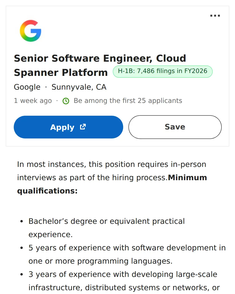 A job page with the H-1B label next to the job title.